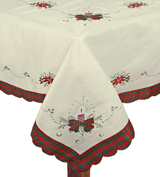 Creative Linens Holiday Christmas Embroidered Poinsettia Candle Tablecloth 70x120 & 12 Napkins Ivory