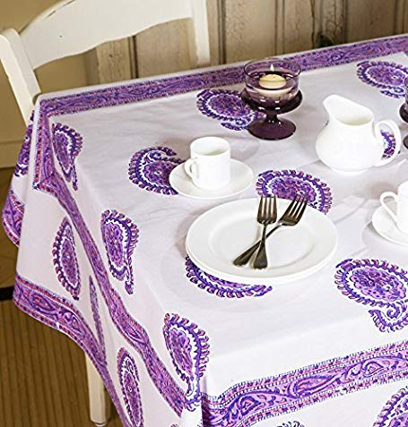 Attiser Handmade Tablecloth Purple Paisley Bohemian Designer Decorative French Country Style Hand Block Printed - Rectangle Large (104