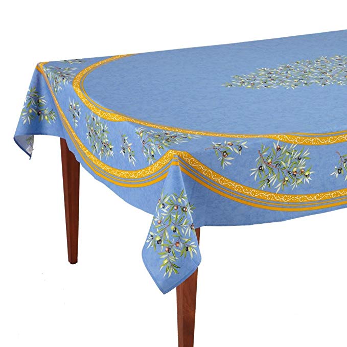 Occitan Imports Clos des Oliviers Bleu Rectangular French Tablecloth, Uncoated Cotton, 63 x 98 (6-8 people)