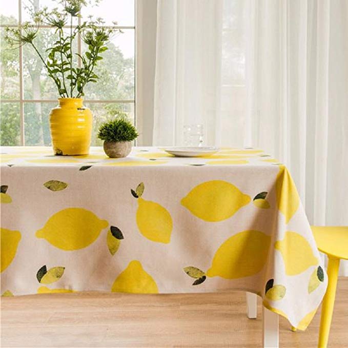 KARUILU home Rectangular Heavy Weight Cotton Linen Indoor / Outdoor Tablecloth (Lemon, 55