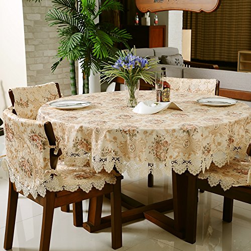 FADFAY Romantic Garden Floral Tablecloth with Hollow Lace Beige Oevrlay Rectangular/Round/Square Table Cloth