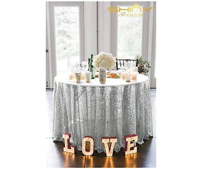 ShinyBeauty Sequin Tablecloth-120-Inch Round Glitz Event/Wedding Table Cloth (Silver)