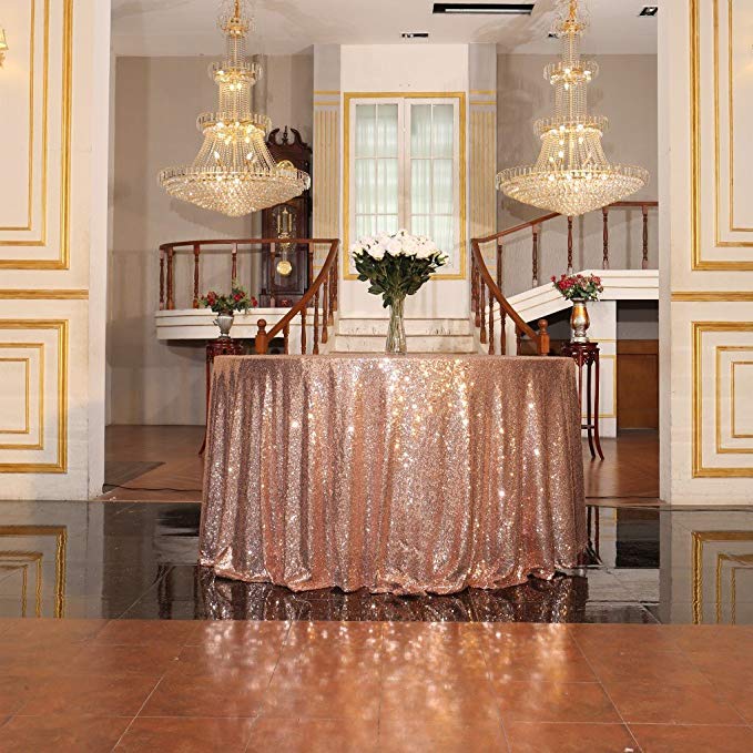 PartyDelight 120 inches Round Rose Gold Sequin Tablecloth for Wedding/Party Rose Gold (Balloons As Gifts)