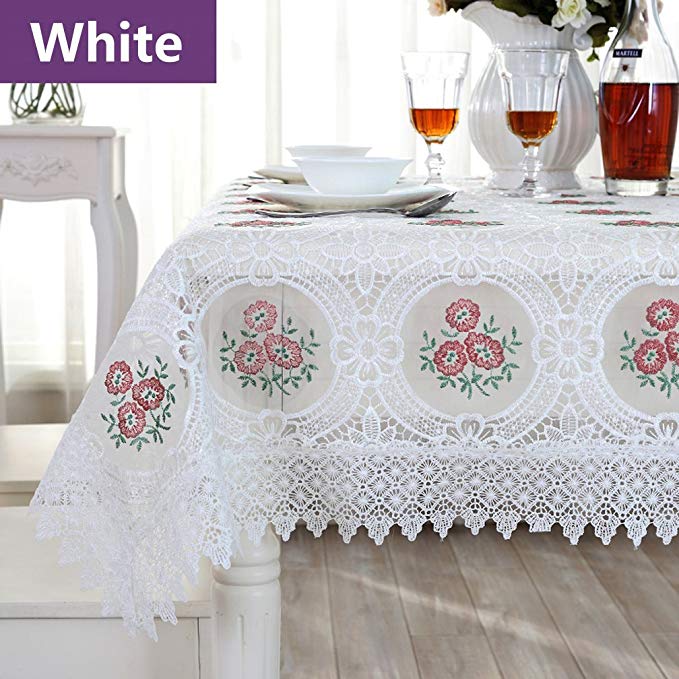 QXFSMILE Vintage White Lace Tablecloth Embroidered Table Linen Square Table Cover 60 By 120 Inch