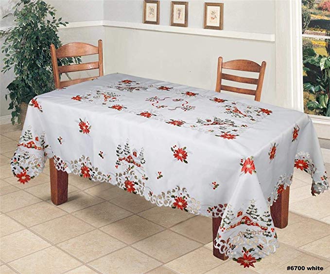 Creative Linens Holiday Christmas Tablecloth 70x104 with 12 Napkins Embroidered Red Poinsettia Christmas Tree Snowy Cabin Table Linen Rectangular White