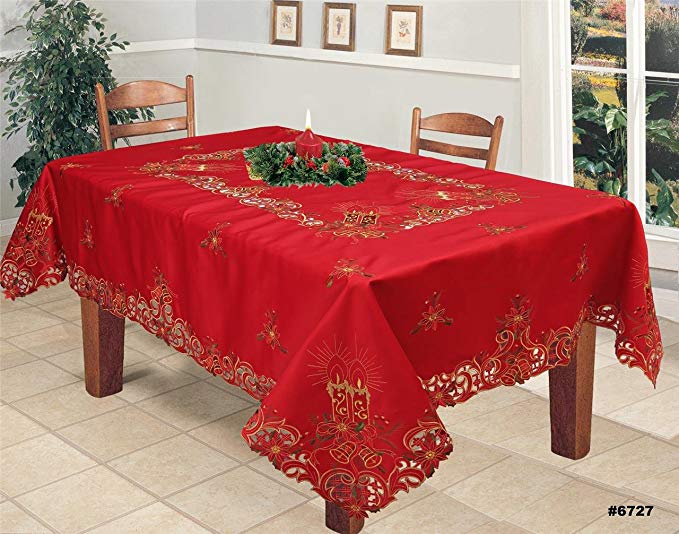 Creative Linens Holiday Christmas Embroidered Poinsettia Candle Bell Tablecloth 70x120 Rectangular 12 Napkins RED Gold