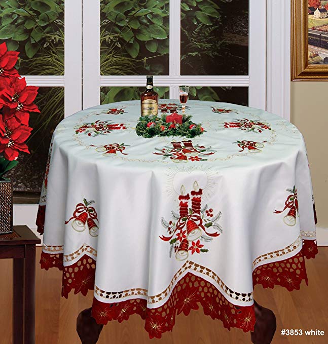 Creative Linens Holiday Christmas Embroidered Poinsettia Candle Bell Tablecloth 88