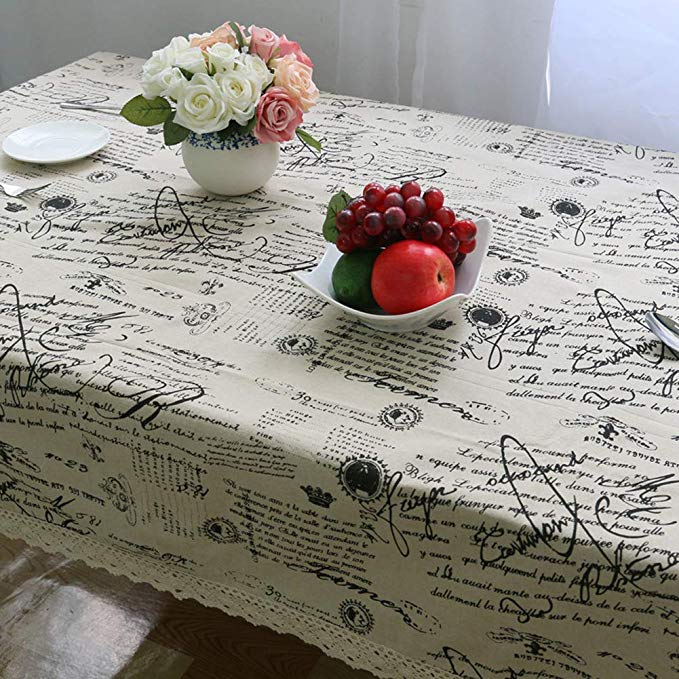 MacoHome Letter Printed Linen Tablecloth Lace Art Table Cover Waterproof Cotton for Kitchen Dining Table(Letter1,55