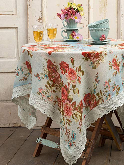 April Cornell Heirloom Rose Linen in Blue Tablecloth - 60