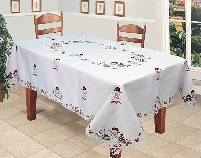 Creative Linens Holiday Embroidered Snowman and Christmas Tree Table Cloth 70x140 Rectangular with 12 Napkins White