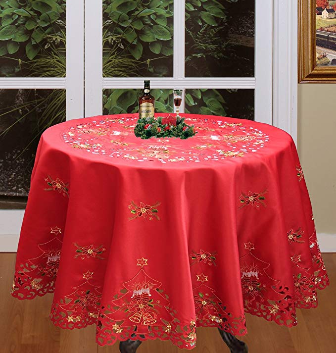 Creative Linens Holiday Christmas Embroidered Poinsettia Candle Tablecloth 88