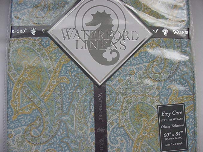 Waterford Paisley Blue Green Yellow Stain Resistant Tablecloth 60 X 84 Oblong