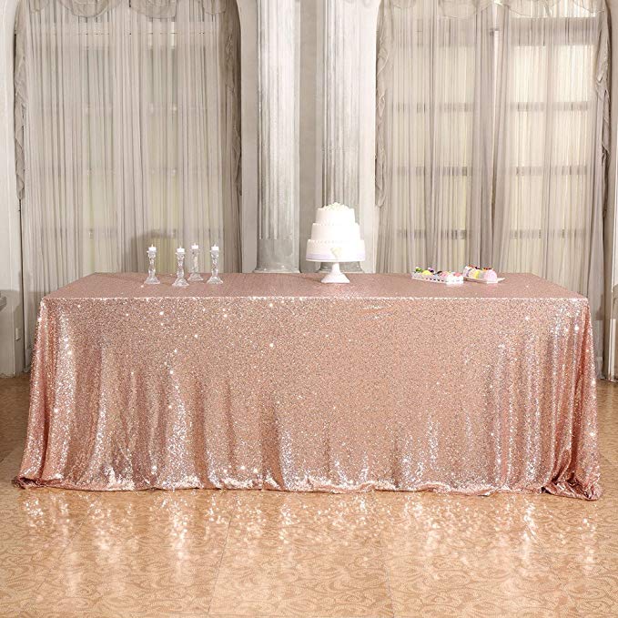 PartyDelight Sequin Rectangular Sequin Tablecloth, Wedding Table Cloth, Rose Gold, 90