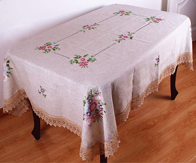 QXFSMILE 100% Handmade Embroidered Tablecloth Delicate Table Linen Rectangle Table Cover 60 By 80 Inch