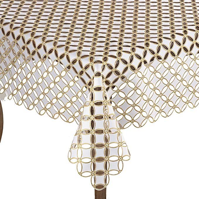 Occasion Gallery Gold and White Cutwork and Embroidered Geometric Design Holiday Tablecloth, 84