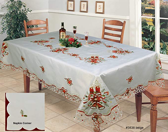 Creative Linens Holiday Christmas Embroidered Red Poinsettia Candle Bell Tablecloth 70x120 & 12 Napkins Beige