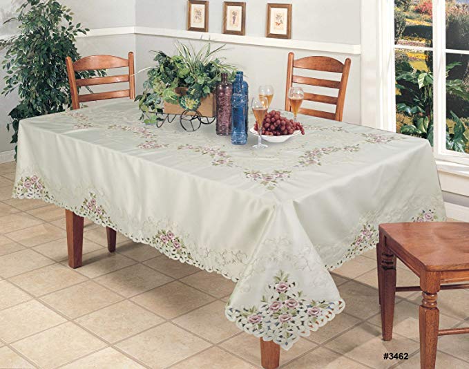 Creative Linens Embroidered Purple Rose Floral Cutwork Tablecloth 70x120