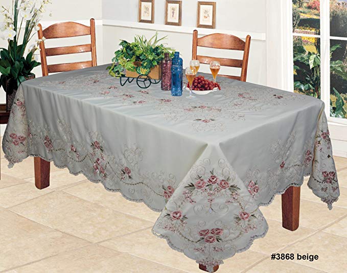 Creative Linens Embroidered Rose Daisy Floral Tablecloth 70x104
