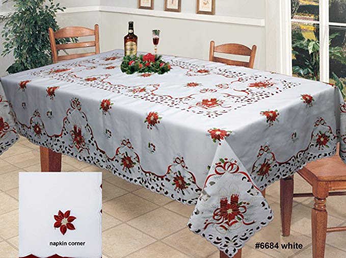 Holiday Christmas Embroidered Poinsettia Candle Bell Tablecloth 70x120