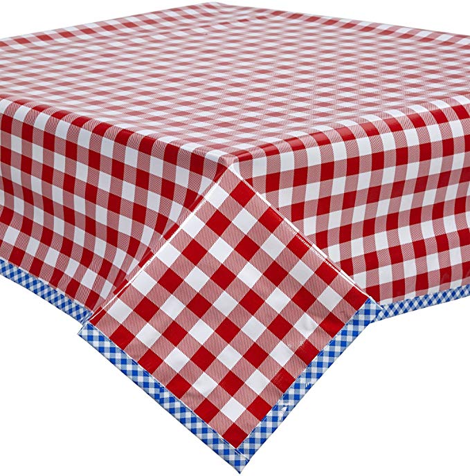 Large Red Gingham Oilcloth Tablecloth with Blue Gingham Trim You Pick the Size!