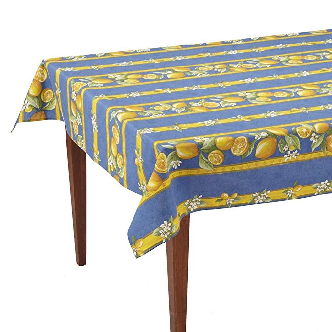 Occitan Imports Citrons Bleu Striped Rectangular French Tablecloth, Uncoated Cotton, 61 x 118 (8-10 People)