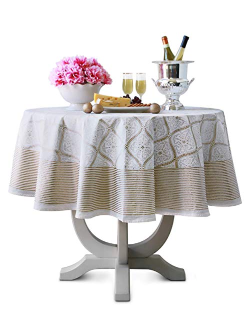 Saffron Marigold Vanilla Glace ~ White Gold Romantic Elegant Round Tablecloth 70 Round