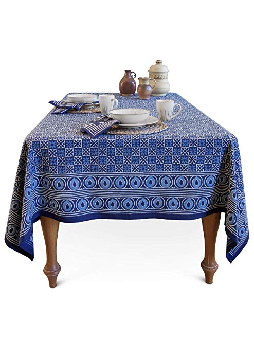 Saffron Marigold Starry Nights ~ Batik Blue Designer Block Print Tablecloth 70x90