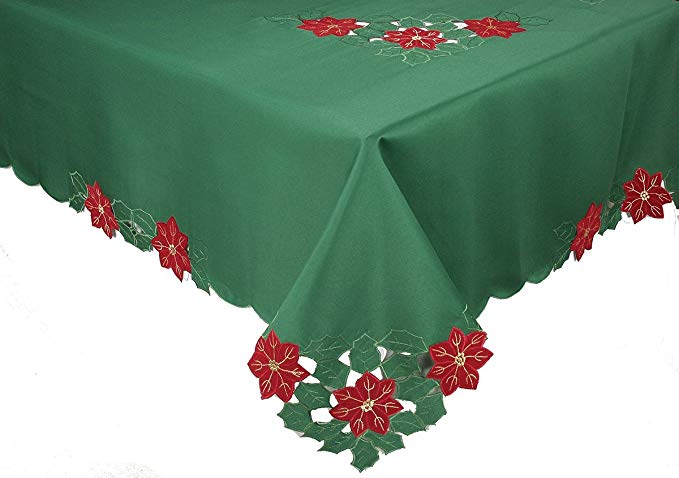 Xia Home Fashions Merry Cutwork Holiday Embroidered Cutwork 70-Inch by 120-Inch Christmas Tablecloth, Green/Red