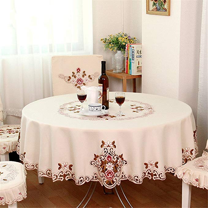 Hoomy Floral Embroidery Tablecloth Handmade Cutwork Table Cloths Beige Round Table Cover for Party Durable Modern Table Overlays 85.5-inch