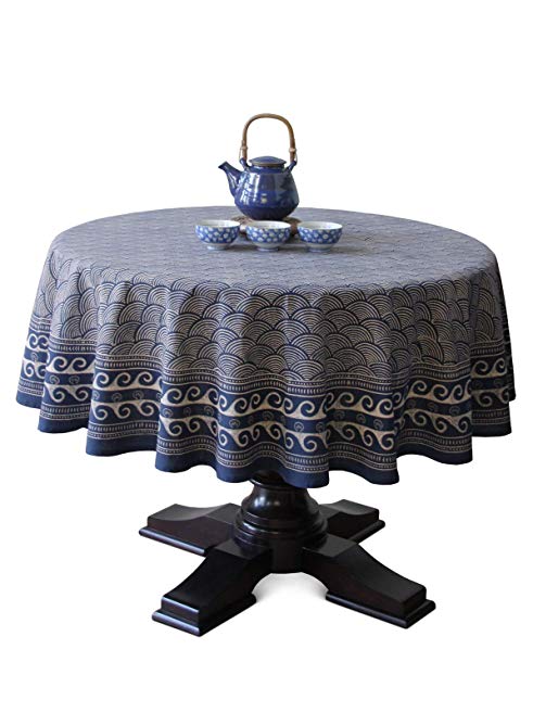 Saffron Marigold Pacific Blue ~ Rustic Navy Ocean Oriental Asian Round Tablecloth 70 Round