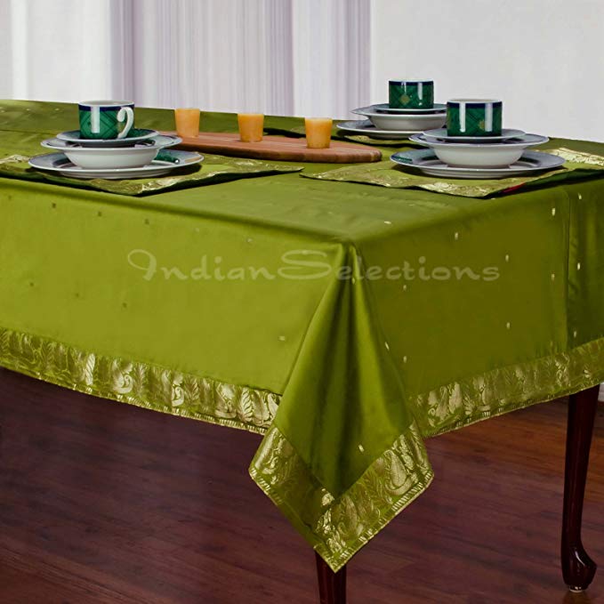 Olive Green - Handmade Sari Oblong Tablecloth (India) - 60 X 102