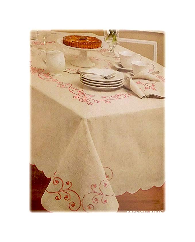 Lenox French Perle Beige and Red Rectangular Tablecloth, 60-by-120 Inch