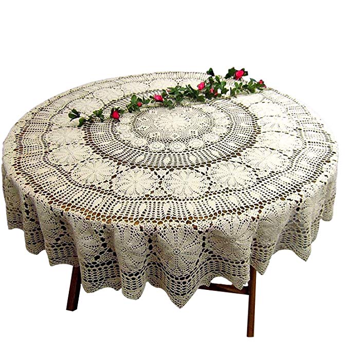 USTIDE 60 inch White Round Crochet Cotton Lace Tablecloth Elegant Kitchen Tablecloths