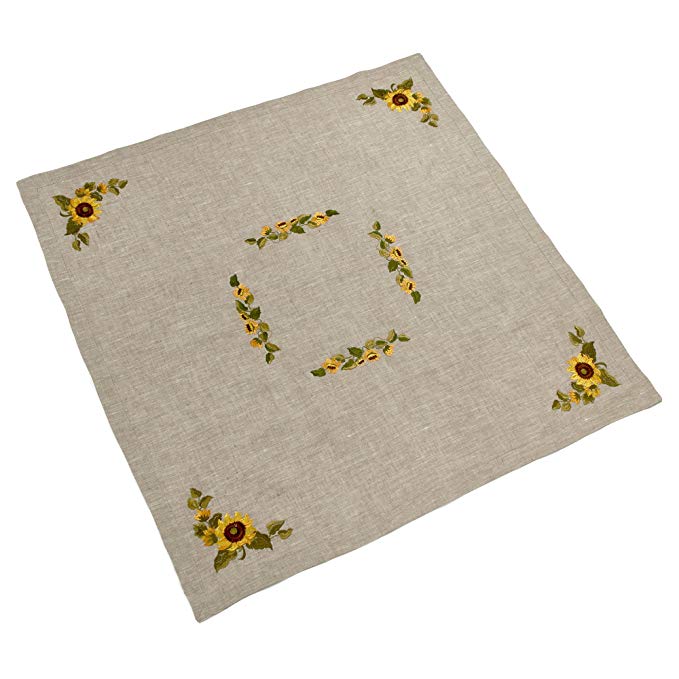 Small Embroidered Square Tablecloth Topper —26x26 or 35x35 inch — for Square, Rectangular or Round Tables — 100% Pure European Flax Linen, Sunflowers, Grey