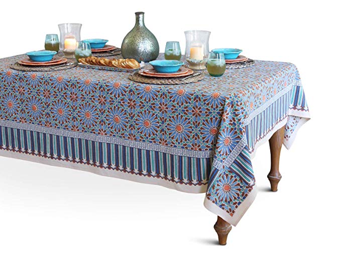 Saffron Marigold Mosaique Bleue ~ Moroccan Tile Print Blue Tablecloth 70x108