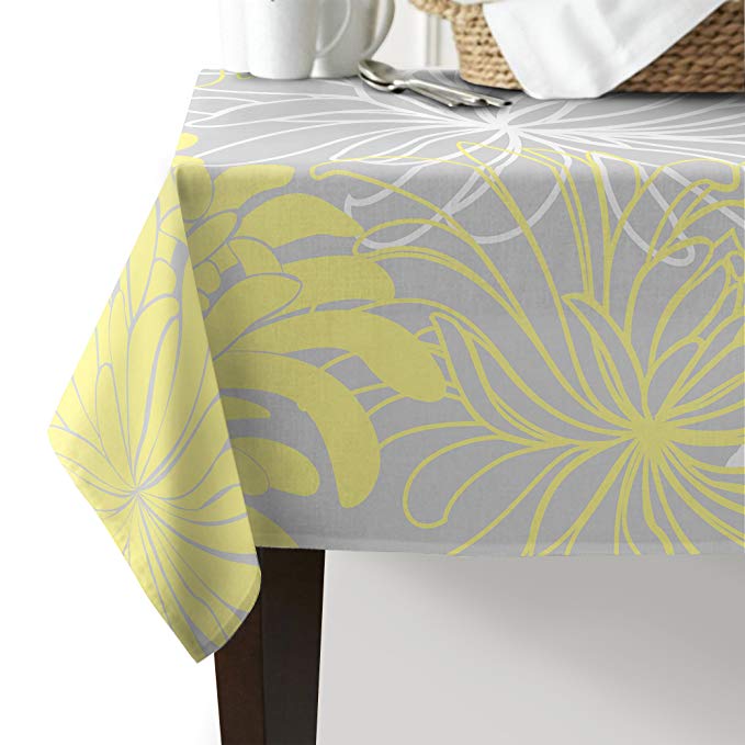 Floral Printed Tablecloth Daisy Plant Art White Gray Yellow Cotton Linen Table Cover Cloth for Dinning Kitchen Home Decoration 55×91inch