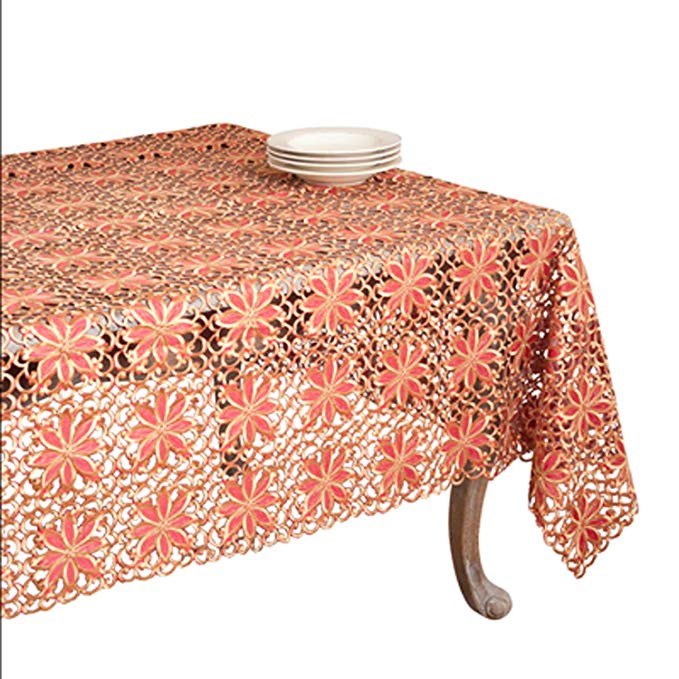 SARO LIFESTYLE QX556.R65140B Broderie Cutwork Oblong Tablecloths, 65 by 140-Inch, Red