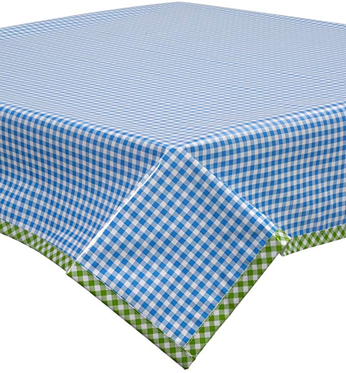 Freckled Sage Oilcloth Tablecloth Light Blue Gingham with Lime Gingham Trim You Pick The Size